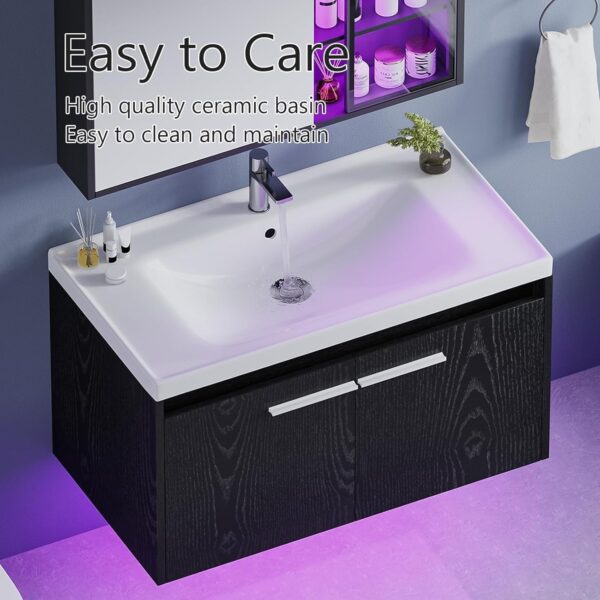 4ever2buy 31" Black Bathroom Vanity with Sink, Floating Bathroom Sink Cabinet with LED Light, Modern Clearance Bathroom Vanities with 2 Doors & Metal Handles
