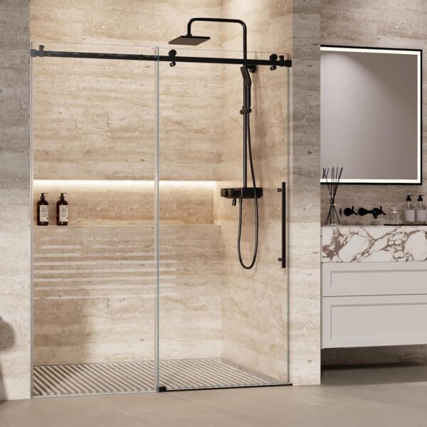 Shower Glass Door with Waterroof Seal Strip, Adjustable (56-60" W x 75 "H) Frameless Sliding Shower Door with Easy-Clean Coating SGCC Tempered Glass 5/16" (8mm), Stainless Steel Hardware, Black