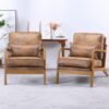 2 PCS Mid Century Modern Chair with Pillow Upholstered Lounge, Reading Chair with Soft Cushion and Solid Wood Arm Chair, Vintage Accent Leisure Recliner with Back for Living Room, Bedroom, Brown