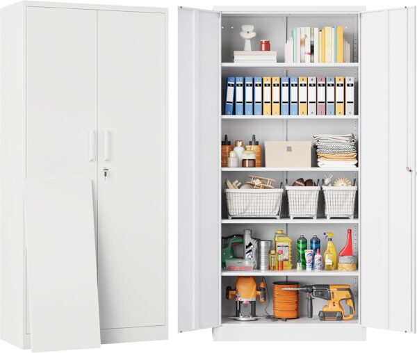 SISESOL White Metal Storage Storage Cabinet with 5 Adjustable Shelves,Metal Cabinet with Locking Doors,Steel Pantry Cabinet with Lock,71" Lockable Storage Cabinet for Home,Office,Garage,Kitchen,Shop