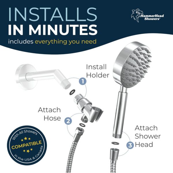 HammerHead Showers® ALL METAL Handheld Shower Head with Hose and Brass Holder - CHROME - 2.5 GPM High Pressure Shower Heads with Adjustable Shower Wand Bracket - 6ft Flexible Extension