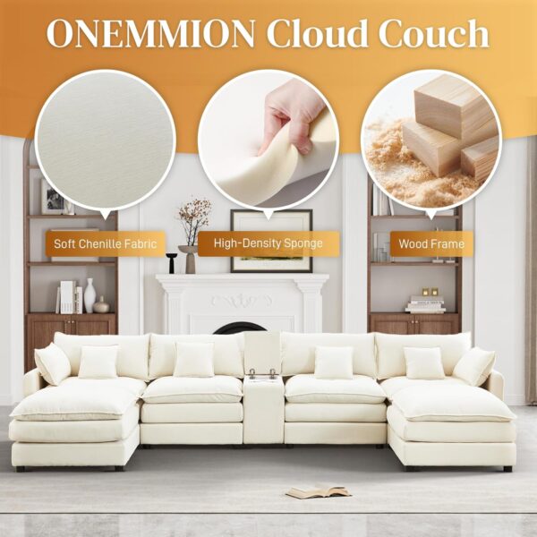 145" U Shaped Cloud Couch Sectional for Living Room, Oversized Modern Modular Sofa with Movable Ottoman, Comfy Fluffy Chenille 6 Seat Sofa Set with Central Console & USB Ports, White