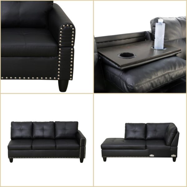 Leather Sectional Couch Sofa, Modern Nail-Head Design L Shaped Sectional Sofa for Living Room, 4 Seat L Couch with Cup Holder for Bedroom, Black ZA