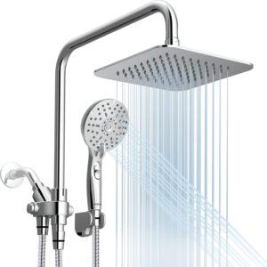 Dual Shower Head Combo, 8'' High Pressure Rain/Rainfall Shower Head, 6 Settings Adjustable Handheld Showers, with 15" Height Adjustable Slide Bar, Holder/Hose, Angle Adjustable, Chrome