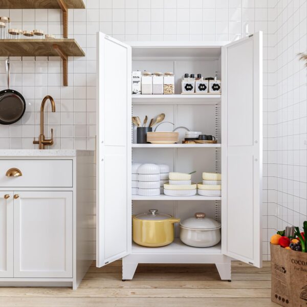 White Farmhouse Storage Kitchen Pantry Cabinet with 2 Barn Door, 3 Adjustable Shelves and Legs, for Cupboard/Dining Room/Bathroom/Living Room/Office/Laundry Room (White, 61" Farmhouse)