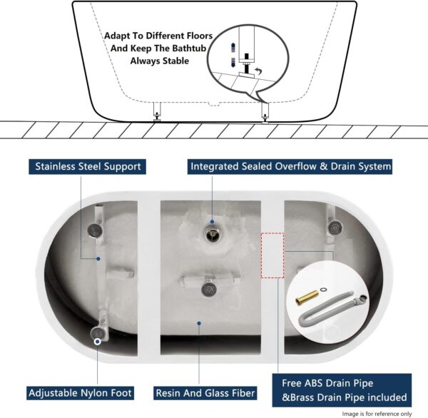 FerdY Luzon 55" Acrylic Freestanding Bathtub, Ergonomic Lightweight Classic Oval Soaking Bathtub with Brushed Nickel Drain, Minimalist Linear Design Overflow, Modern White