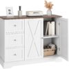 White Buffet Cabinet with Storage, Farmhouse Kitchen Cabinet with 3 Drawers and 2 Doors, Storage Cabinet for Kitchen, Dining Living Room