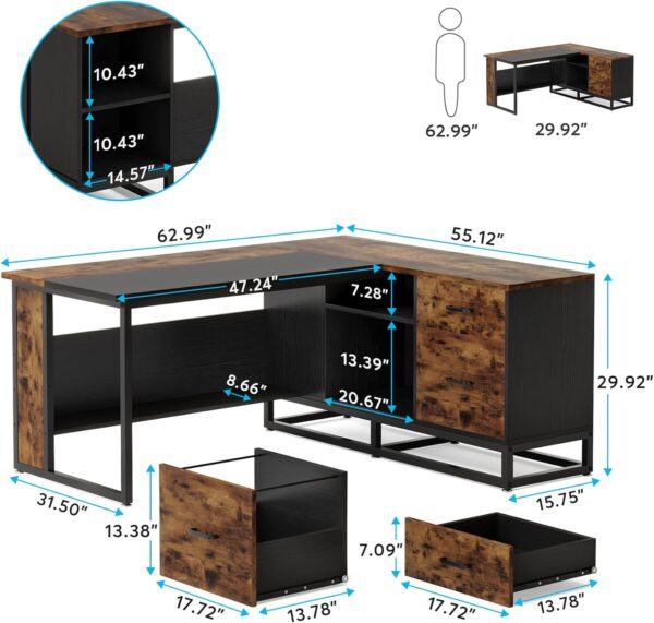 Tribesigns 63" L-Shaped Executive Desk, Large Office Desk with Drawers and Shelves, Rustic Long Business Furniture Desk with File Cabinet Storage Space, Home Office Workstation, Brown & Black