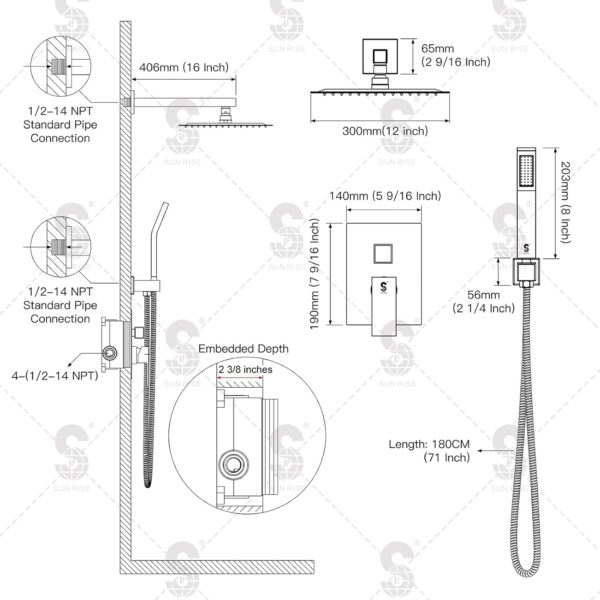 SR SUN RISE 12 Inches Matte Black Shower System 12 Inch Brass Bathroom Luxury Rain Mixer Shower Combo Set Wall Mounted Rainfall Shower Head System Shower Faucet Rough-in Valve Body and Trim Included