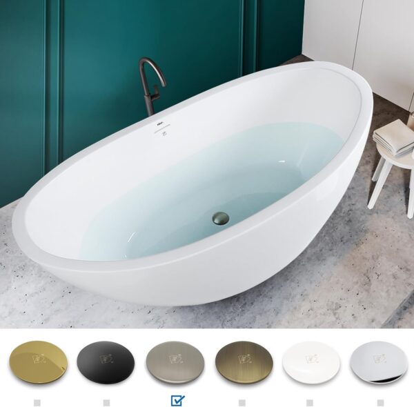 FerdY Naha 67" Freestanding Bathtub, Curve Edge Soaking Bathtub with Brushed Nickel Drain and Minimalist Linear Design Overflow, Easy to Install 588