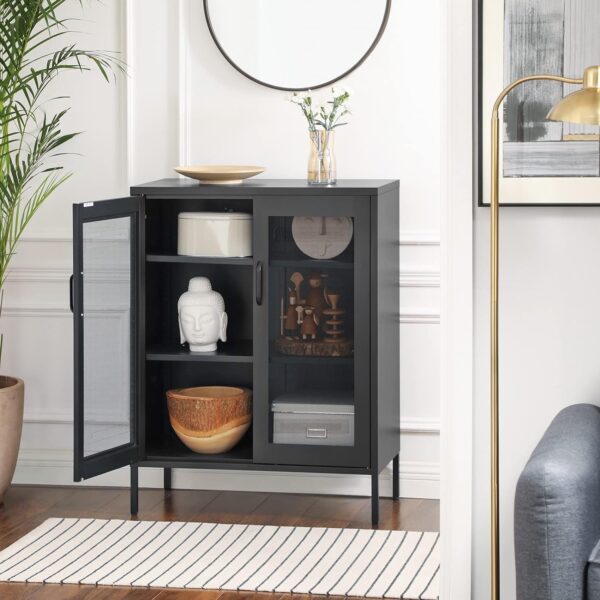 SONGMICS Metal Storage Cabinet with Mesh Doors, Steel Display Cabinets with Adjustable Shelves for Bathroom Home Office, Black UOMC002B01