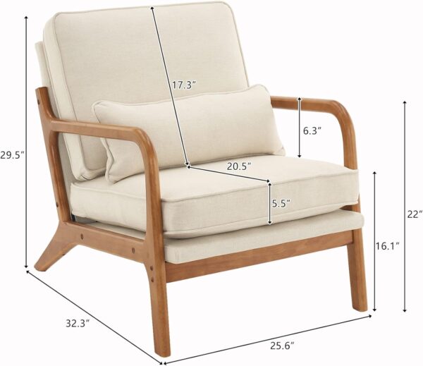 Karl home Accent Chair Mid-Century Modern Chair with Pillow Upholstered Lounge Arm Chair with Solid Wood Frame & Soft Cushion for Living Room, Bedroom, Balcony, Linen Beige (Low Back)