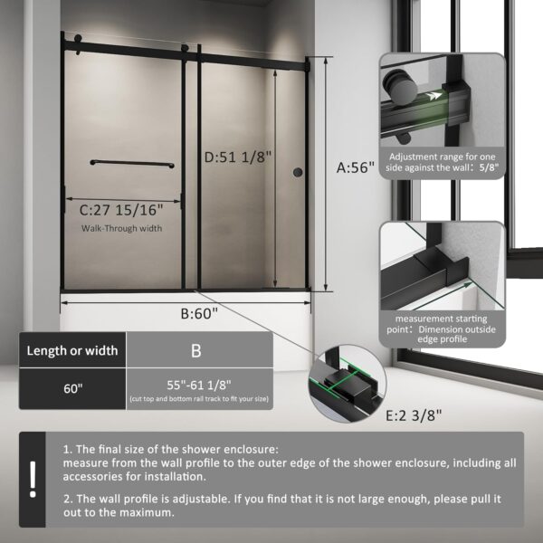 Bathtub Sliding Door, 55"-60" W x 56" H Tub Shower Door, Bathtub Door, Bathtub Glass Door Bathtub Double Sliding Shower Door 5/16" Tempered Glass Explosion-Proof Film Stainless Steel Black