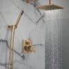 Delta Faucet Modern Raincan 2-Setting Square Shower System Including Rain Shower Head and Handheld Spray Gold, Rainfall Shower System Gold, Shower Valve and Trim Kit, Champagne Bronze 342701-CZ