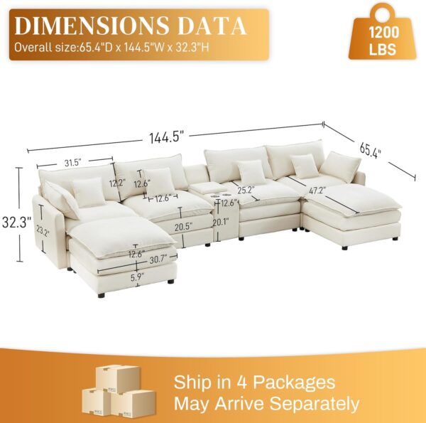 145" U Shaped Cloud Couch Sectional for Living Room, Oversized Modern Modular Sofa with Movable Ottoman, Comfy Fluffy Chenille 6 Seat Sofa Set with Central Console & USB Ports, White