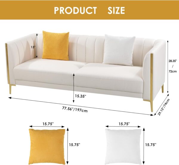 FOTOSOK 78'' Sofa, Modern White Couches for Living Room with 2 Throw Pillows, Comfy Faux Leather Sofa 3 Seater Sofa with Gold Metal Legs, Cloud Sofa Couch Deep Seat Sofas (Cream White)