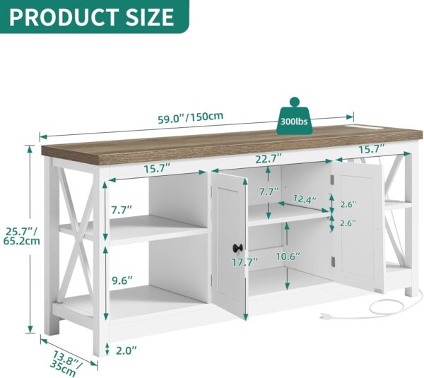YITAHOME TV Stand for Living Room, Farmhouse Entertainment Center with Power Outlet for TVs up to 65 60 55 Inch, Rustic Media Console TV Cabinet with Open Shelves and Adjustable Shelf, White