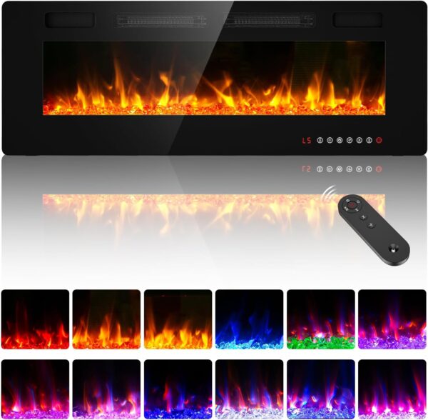 BREEZEHEAT 50 inch Electric Fireplace Wall Mounted/Freestanding-Ultra Thin Fireplace Inserts for Living Room with Heater, Remote Control, Touch Screen, Led Flame, 8H Timer, 750w/1500w