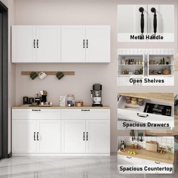 FAMAPY Wall-Mounted Kitchen Pantry Kitchen Storage Cabinet with Countertop, Pantry Cabinet with Drawers & Doors, Wall Cabinet for Kitchen White and Oak
