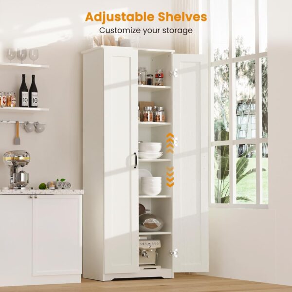 70" Tall Storage Pantry Cabinet, Bathroom Floor Organizer Storage Cabinet with 2 Doors and 6 Adjustable Shelves, Standing Utility Cabinet for Dining Room, Food Storage and Kitchen, White