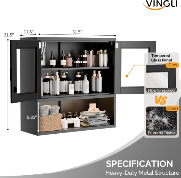 VINGLI Metal Wall Cabinet with Locking Glass Doors & Magnetic LED Sensor Light, Adjustable Shelf, Wall Mounted Storage Display Cabinets for Garage, Kitchen, Home Office, Warehouse, Living Room, Black