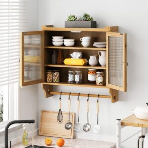 Farmhouse Medicine Cabinet with Glass Doors, Wood Wall Storage Cabinet, Rustic Bathroom Cabinet with 3-Tier Shelves and Towel Bar for Bathroom Kitchen Living Room (Light Walnut)