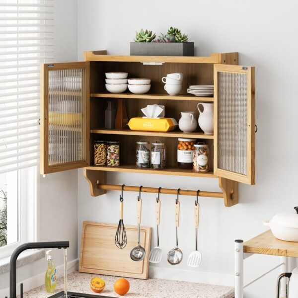 Farmhouse Medicine Cabinet with Glass Doors, Wood Wall Storage Cabinet, Rustic Bathroom Cabinet with 3-Tier Shelves and Towel Bar for Bathroom Kitchen Living Room (Light Walnut)