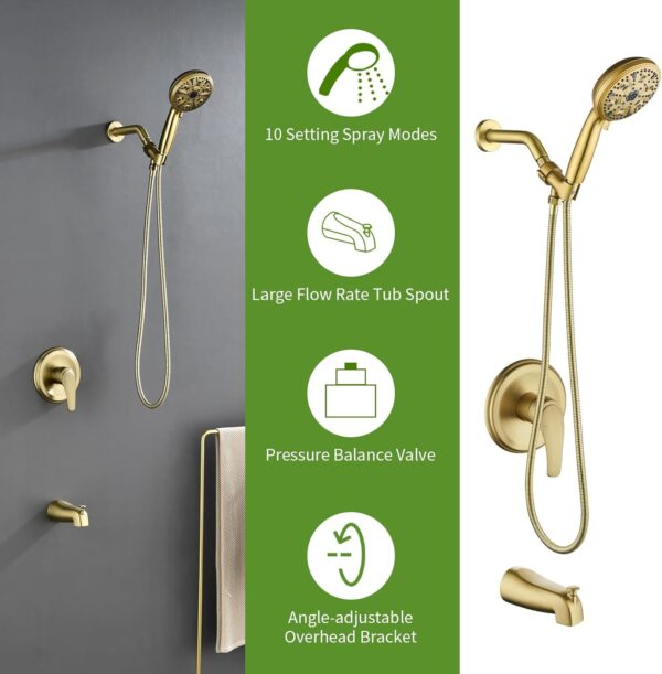 Tub Shower Faucet Set with 10 Spray Handheld Shower Brushed Gold Shower System with Tub Spout Single Handle 4.7 Inch Shower Handheld Shower Fixtures Tub and Shower Trim Kit