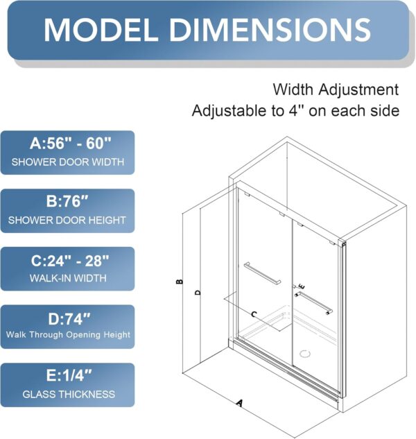56-60”W x 76" H New Upgraded Single Sliding Semi-Frameless Shower Door, Semi-Frameless Shower Door with Explosion-Proof Film and Nano Coating, 1/4” (6MM) SGCC Tempered Glass, Matte Black Finish
