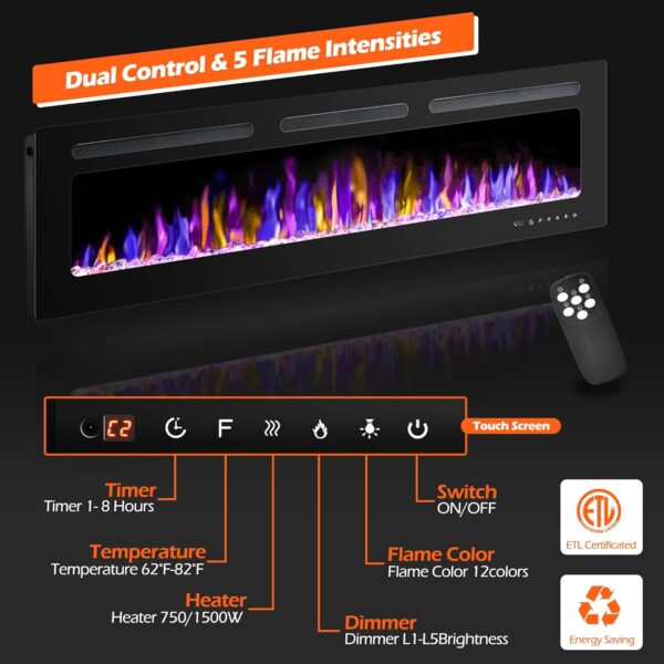 71yuHm7E9oL._AC_SL1500_.jpg 60" Electric Fireplace Wall Mounted and Recessed with Remote Control, 750/1500W Ultra-Thin Wall Fireplace Heater W/Timer Adjustable Flame Color and Brightness, Log Set & Crystal Options