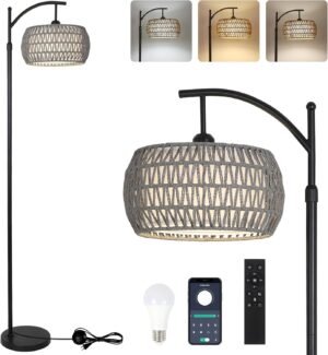 Arc Floor Lamp for Bedroom, Boho Standing Lamp with Remote & LED Smart Bulb, Rattan Floor Lamps for Living Room with 3 Color Temperatures, Height Adjustable Corner Tall Lamp, Stand up Lamp for Office
