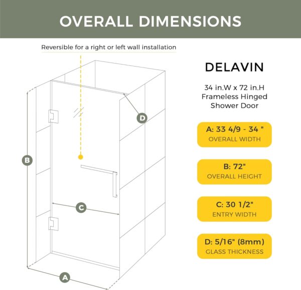 DELAVIN 34"W x 72"H Frameless Shower Door in Matte Black, Single Shower Door with 5/16" Clear Tempered Glass, Stainless Steel Hinged Glass Shower Door, Bathroom Shower Door with Seal Strip and Handles