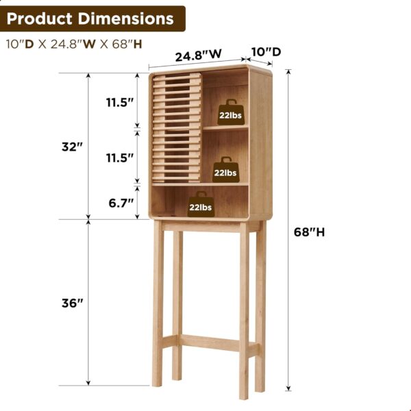 OKD 68" Over The Toilet Storage Cabinet, Mid-Century Bathroom Organizer w/Slatted Sliding Door, Adjustable Shelf, Curved Edges, Space-Saving Design for Bathroom, Kitchen, or Living Room - Natural Oak