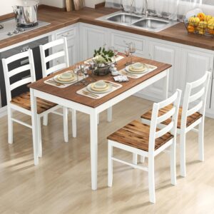 Tangkula Dining Table Set for 4, Solid Wood, Farmhouse Dinette Set w/Rubber Wood Legs, Mid-Century Modern Dining Table and Chairs Set for Kitchen, Dining Room (Brown+White)
