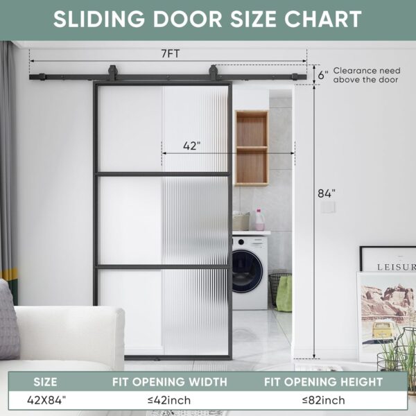JUBEST Glass Barn Door 42in x 84in, Reeded Glass Carbon Steel Pre-Drilled Frame Sliding Barn Door Panel with 7FT Hardware Kit and Soft Close