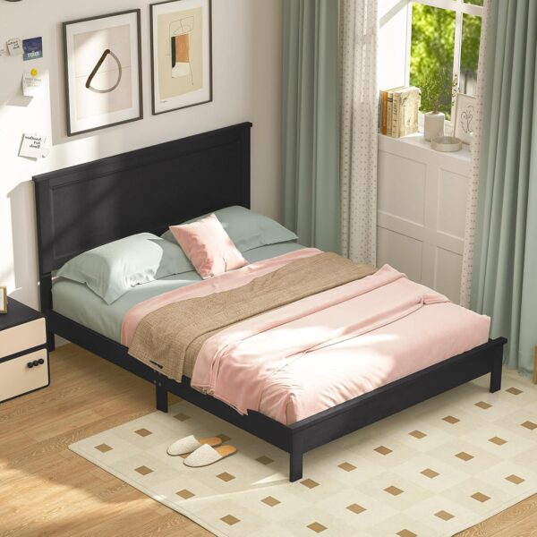 Giantex Wood Queen Platform Bed Frame with Headboard, Mid Century Bed Frame with Solid Wood Legs & Wooden Slat Support, Easy Assembly Supports 500 LBS, Black Bed