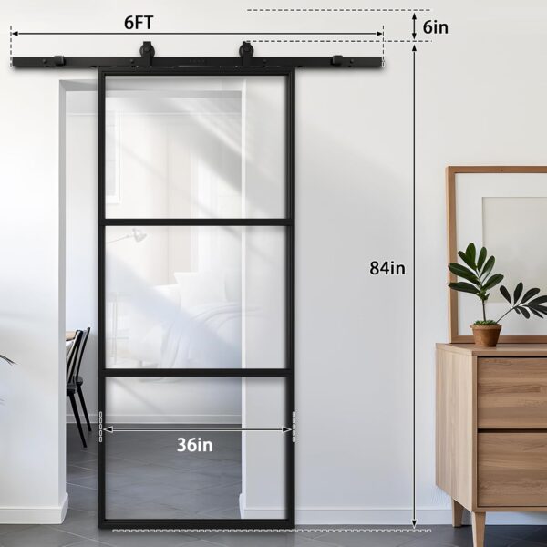 Winado 36in x 84in Glass Barn Door with 6FT Barn Door Hardware Kit, 3-Panel Interior Clear Glass & Black Steel Frame, Predrilled Holes for Easy Installation