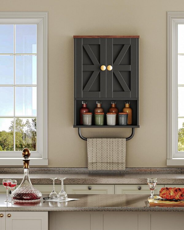 Bathroom Wall Cabinet, Medicine Cabinet with Open Partition and Towel Bar, Rustic Storage Cabinet with Open and Hidden Storage Space, for Bathroom, Living Room, Kitchen, Black and Walnut
