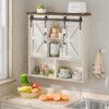 Vabches Bathroom Wall Cabinet, Farmhouse Medicine Cabinet with Double Sliding Barn Door and Adjustable Shelves, Wooden Vintage Storage Cabinet Wall Mounted for Bathroom, Kitchen Dining, Rustic White