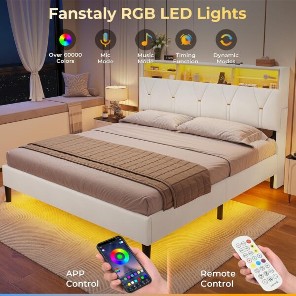 LED Full Bed Frame with Type-C & USB Charging Station, Full Size Bed Frame with Storage Headboard, Modern Velet Upholstered Platform Bed with Shelf Headboard, Noise-Free, Creamy White