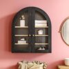 Arched Wall Cabinet, Modern Medicine Cabinet Wall Mounted Cupboard, Farmhouse Bathroom Storage Cabinet with Glass Door & Adjustable Shelf, Wooden Organizer for Kitchen (Black-Oak)