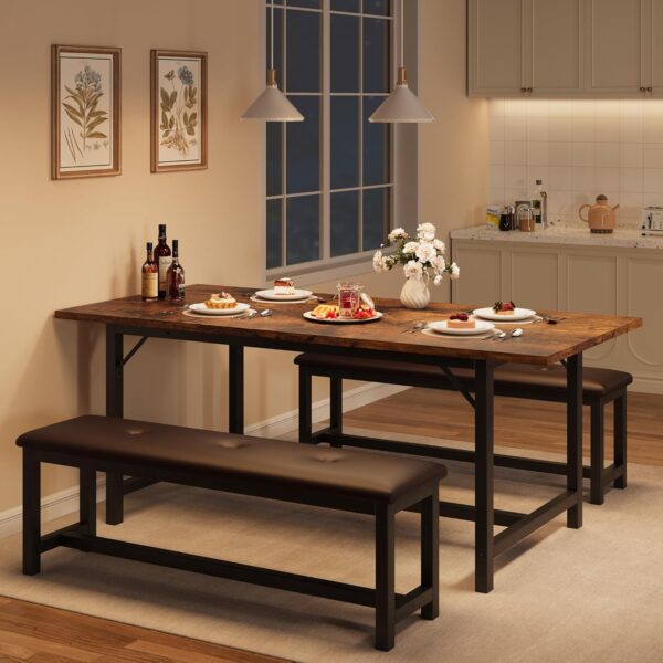 IDEALHOUSE Dining Table Set for 4-6, 3 Piece Large Extendable Kitchen Table Set for 6, 63" Rectangle Kitchen Table Set with 2 Upholstered Benches for Apartment, Dining Room, Space Save, Retro Brown