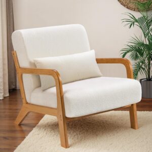 Accent Chair Mid-Century Modern Arm Chair with Lumbar Pillow,Solid Wood Frame and Soft Cushion Home Decorative Chair for Living Room, Reading, Bedroom, Balcony (Pearl White)
