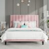SHA CERLIN Full Bed Frame/Velvet Upholstered Platform Bed Frame with Headboard/Strong Wood Slats Support/Mattress Foundation/No Box Spring Needed - Pink