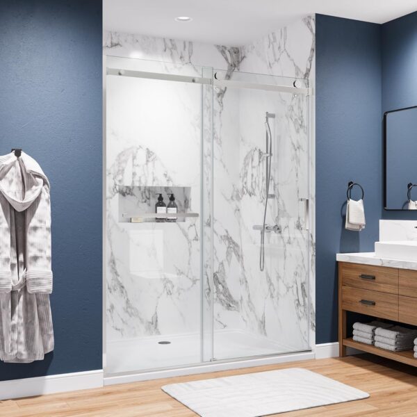 Semi-Framed 60’’W×75’’H Shower Door Bathroom Door Single Sliding Shower Door, SGCC Clear Tempered Glass, Stainless Steel Handle, 4-Inch Adjustable Width, Brushed Nickel