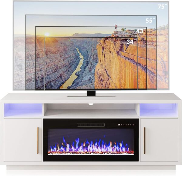 BELLEZE 70" Fireplace TV Stand for TVs Up to 80", LED Light Entertainment Center with 36" Electric Fireplace Heater, Storage Cabinet, Media Console Table for Living Room - Avenue (White)