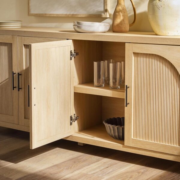 Walker Edison Modern 70" Reeded Sideboard, Credenza with Doors for Kitchen, Dining Room, Media and Game Storage, Buffet Cabinet with Cord Management, 16" D X 30" H, Coastal Oak