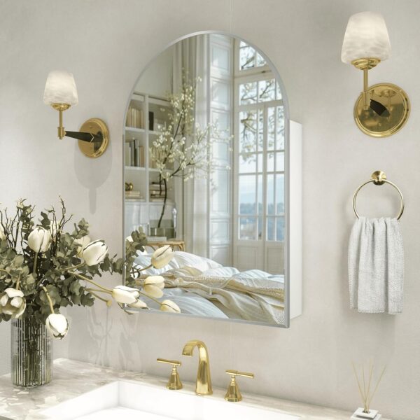 Silver Medicine Cabinet with Mirror, Bathroom Arched Medicine Cabinet Wall Mounted, Modern Vanity Mirror with Storage, Mirrored Cabinet with Adjustable Shelves, Not Recessed, 24x36 Inch