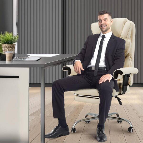 HOMREST 6-Point Massage Executive Chair,Heat Office Chair,Ergonomic Home Office Desk Chair with Retractable Footrest and Reclining Function,Leather Computer Chair with Adjustable Armrest(‌Off White)