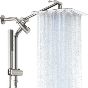 Veken Brushed Nickel 10" All Metal Shower Heads with Handheld Spray Combo&Power Wash, High Pressure Square Rain Shower Head with Wand&Extension Arm, Wide Adjustable Rainfall Showerhead with Slide Bar